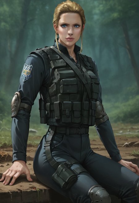 score_9, score_8_up, score_7_up, score_6_up, source_realistic, cowboy shot, BREAK 1girl, Angelamiller, blonde, pulled back hair, ponytail, blue eyes, swat uniform, tactical vest, elbow pads, thigh holster, sitting,