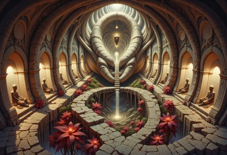 serpentine tunnel carved inside a massive vertebral column with ivory walls and curved ceiling, sitting dessicated mummies in meditation alcoves, narrow channel running along the floor, flickering bioluminescent red plants, multiple paths and entrance exit, OBxiaoxiang, R3alisticF, G0thicL1nes