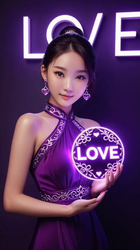 neonpunk style wallpaper,best quality,masterpiece,realistic,HDR,UHD,8K,Vivid Colors,Studio lighting,ultra-fine painting,sharp focus,physically-based rendering,Canon 35MM camera angle,art,(((1 beauiful Chinese girl holding a Amethyst))),(((the amethyst with Stone carving word "Love"))),the girl 22 years old,full body,wear purple dress with embroidery,purple Ponytail hair,Amethyst earrings,medium breasts,Bare arms,collarbones,cute face,slender,brown eye ball,bright pupils,shy,light blush,sexy pose,smile,detailed hand,indoor,ambient light,add more details,moden,hand,coral dress,,,,neon,text logo " Love",<lora:detailed_hands:1>,<lora:coraldress:0.3>,<lora:Harrlogos_v1.1:1> . cyberpunk, vaporwave, neon, vibes, vibrant, stunningly beautiful, crisp, detailed, sleek, ultramodern, magenta highlights, dark purple shadows, high contrast, cinematic, ultra detailed, intricate, professional