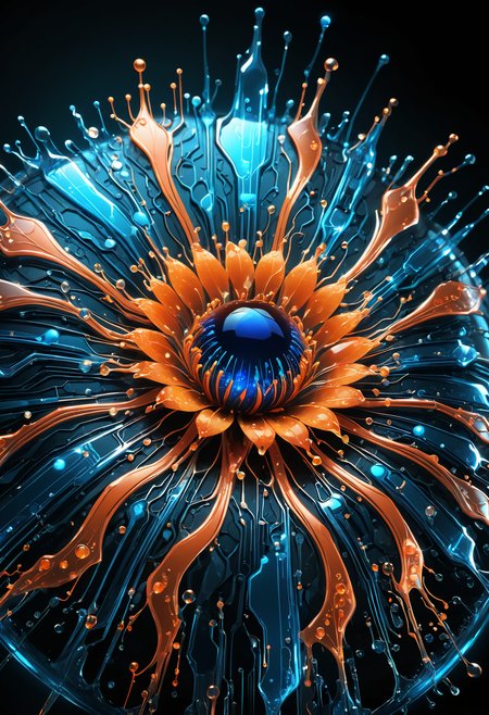 iccircuitart,orange and blue theme,macro photo, sparkling magical fantasy glass flower dewdrop, very detailed, amazing quality, intricate, cinematic light, highly detail, beautiful, surreal, dramatic, galaxy fantasy colors,   <lora:iccircuitart:1>