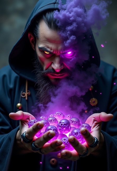 "Close-up portrait of a powerful, malevolent sorcerer. Half of his face is human, with sharp lines and piercing eyes glowing with malevolent light. The other half is a swirling mass of dark smoke and glowing purple energy. He holds a seething mass of glowing souls in his gnarled hands, adorned with blackened metal rings. The souls appear as ghostly faces, writhing in anguish and despair. His dark, regal robes are adorned with arcane symbols and glowing runes, pulsing in rhythm with the energy in his face. Dramatic, cinematic lighting casts sharp shadows and highlights, illuminating the chaotic dance of light and shadow around him. Small embers and energy particles drift around, hinting at his immense power."