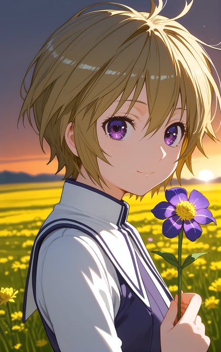 (score_9, score_8_up, score_7_up), looking at viewer, light smile, closed mouth, shiny skin, tight clothes,
ohwx, 1girl, solo, solo_focus, small_breasts, short_hair, purple_eyes, blonde_hair,
white_thighhighs, thighhighs, school_uniform, skirt, boots, zettai_ryouiki,
sunrise, field, (holding flower:1.5), blurry, upper body, close-up, cowboy shot, dutch angle,
<lora:kuno_pony_ss-000002:1>