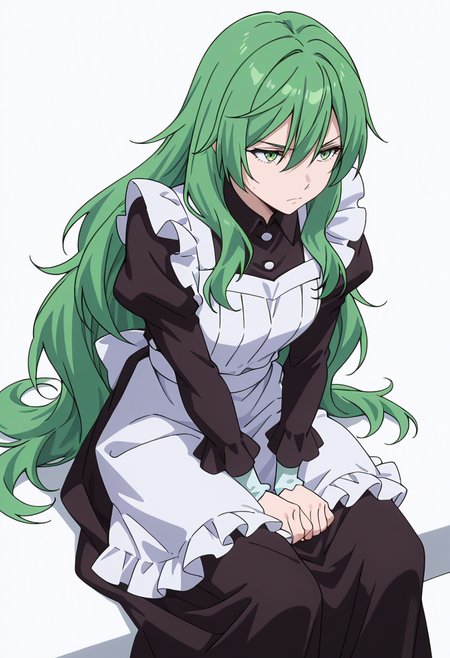 Smooth Quality,masterpiece,very intricate, high quality details, ultra realistic, high detailed skin,detailed enviorement,absurdres,
simple background, white background,solo,
sitting, legs spread, hands on knees, serious face, upright posture,  ,from above,exhausted,
 <lora:Misery_cnn:0.8> 1girl, green hair, green eyes, hair between eyes, frown, very long hair, sidelocks,dress, shirt,maid apron, puffy sleeves, long sleeves, juliet sleeves, enmaided,
