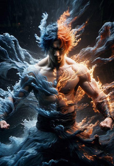 blue water, orange fire,
wabstyle, glowing, two-tone hair, (muscular:1.2), 1man, cinematic angle, motion blur, looking at viewer,   <lora:yinianshenmoSDXL-000012:0.7> <lora:add-detail-xl:-0.8>