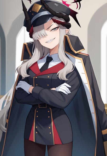 score_9, score_8_up, score_7_up, source_anime, solo, 1girl, makotodef, sharp teeth, smirk, looking at viewer, standing, crossed arms, grey hair, hair over one eye, black headwear, peaked cap, multiple horns, black horns, demon horns, halo, grey eyes, military uniform, black coat, coat on shoulders, black jacket, buttons, double-breasted, long sleeves, white shirt, collared shirt, black necktie, white gloves, black skirt, black pantyhose, indoors <lora:ba_hanumamakoto_ponyXL:1>