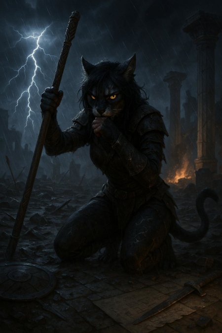 A wide action shot taken with a phone camera during an intense battle at evening. The scene captures Ember from Elder Scrolls Online, an anthro khajiit with black and white fur, yellow glowing eyes, black hair, and a cat tail, in the middle of a devastated battlefield. She's bracing herself against a magic staff with one arm, while wiping blood from her mouth with the back of her other hand. Her leather armor is torn and scorched, her fur matted with rain and blood.

Around her, ruined weapons and shattered shields are scattered across the mud and broken marble tiles.

Above the battlefield, a heavy storm brews:

(left) Jagged lightning tears across the sky, illuminating Ember's fierce, defiant expression.

(right) Burning wreckage glows faintly in the distance, casting eerie, flickering shadows across the ruined columns.


Faint magical glyphs flicker and crackle across her bruised arms and gloves, barely holding their form. Her yellow eyes glow fiercely against the black storm clouds, refusing to yield.

Near the bottom edge of the image, someone has quickly scrawled magical coordinates and battle notations, half-blurred by the rain.