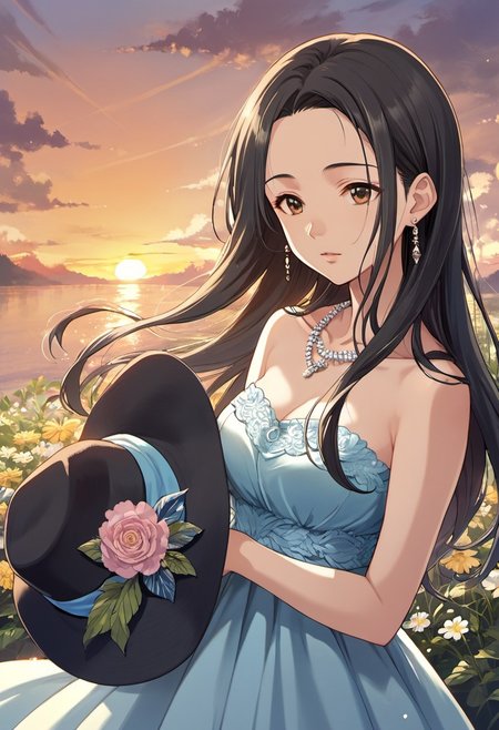 score_9, score_8_up, score_7_up, source_anime,sena shiori, long hair, black hair, brown eyes, 1girl, jewelry, solo, necklace, dress, earrings, headwear removed, hat, hat removed, flower, strapless dress, sunset