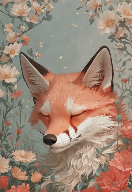 Score_9, score_8_up, score_7_up, score_6 
(dim lighting, light particles, highres, closed_mouth:1.4, absurdres) 
Fl0ralD0lls solo, closed eyes, flower, artist name, signature, no humans, animal, leaf, white flower, fox, sleeping, plant, red flower, pink flower, yellow flower, realistic, animal focus, orange fur, whiskers
