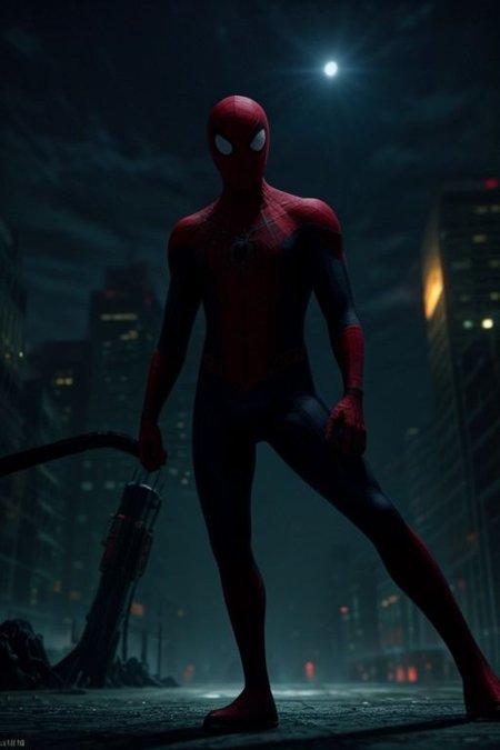 Spider-Man in a red and blue suit on the background of a night city. He stands surrounded by cobwebs and looks directly at the viewer