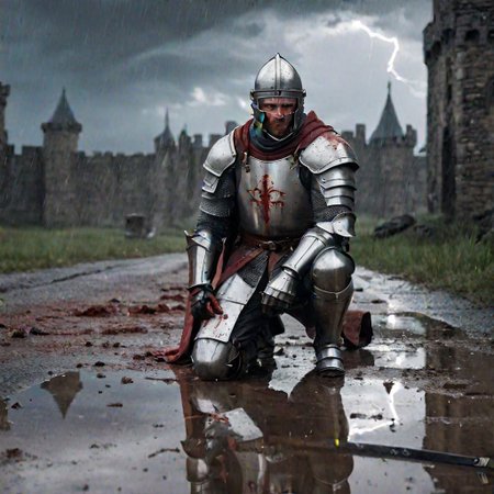 Masterpiece, DonMSt34mPXL, Realistic Lightning, Cinematic Lightning, Dark Lightning, Rain, Puddle, Clouded Sky, medieval, fantasy, pedestrians, Cape, Reflection.
((((broken, kneeling, male Knight, with bloody armor and closed helmet. Holding a broken sword) leaning on a (broken sword))) in a (medival battlefield)). (Unfocused corpses laying in background). fandist background.