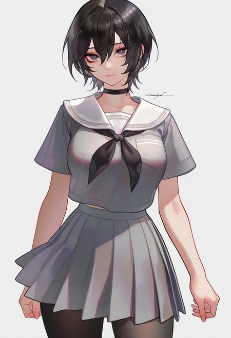 masterpiece, best quality, very aesthetic, high resolution, ultra-detailed, absurdres, newest, extremely detailed eyes, beautiful, perfect lighting, hi res, amazing quality, NEWTRVL_ST, 1girl, solo, breasts, looking at viewer, short hair, bangs, skirt, simple background, shirt, black hair, white background, hair between eyes, closed mouth, school uniform, short sleeves, pantyhose, cowboy shot, pleated skirt, serafuku, choker, signature, sailor collar, collar, neckerchief, black pantyhose, black choker, grey shirt, grey skirt, white sailor collar, arms at sides, black neckerchief