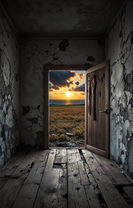 digital artwork featuring a dark, dilapidated room with a large, open doorway. The room's walls and floor are made of aged, weathered wood, with visible cracks, peeling paint, and a general sense of decay. The door, also made of wood, is ajar, revealing a dramatic sunset scene beyond. The door has a simple, worn design with a central handle and no visible lock or knob. Through the doorway, the viewer can see a vast, open landscape with a golden sun setting over a serene body of water, casting a warm glow across the horizon. The sky is filled with fluffy, orange and yellow clouds, adding to the tranquil yet mysterious atmosphere. The contrast between the dark, decaying room and the vibrant, natural scene beyond the door is striking. The textures of the room are rough and gritty, while the landscape outside is smooth and serene. This image evokes a sense of transition, mystery, and the passage between two worlds., <lora:aidmaImageUpraderv0.3:0.4>, aidmaimageupgrader, <lora:diffusion_pytorch_model:1>, <lora:aidmaMJ6.1_v0.5_3:0.7>, aidmaMJ6.1, ultra quality, ultra detailed, intricate details