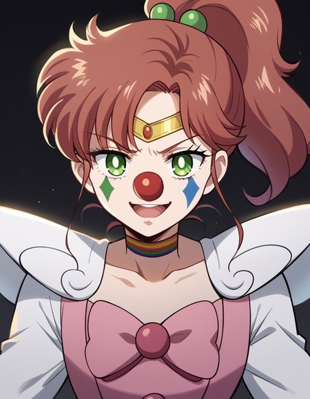 score_9, score_8_up, score_7_up, source_anime, <lora:makoto-kino-eternal-movie1-ponyxl-lora-nochekaiser_r1:1>, makoto kino, brown hair, circlet, green eyes, hair bobbles, hair ornament, medium hair, ponytail, sidelocks, parted bangs,, <lora:clown-ponyxl-lora-nochekaiser:1>, clown, makeup, clown nose, facepaint, gloves, long sleeves, frills, dress,, smile, open mouth, smug,, cowboy shot