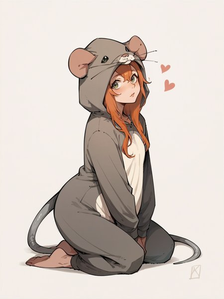 score_9, score_8_up, score_7_up, score_6_up, score_5_up,  <lora:ratonsieXLP3:1> rat onsie, barefoot, animal costume, tail, 1girl, ginger hair, kneeling, heart