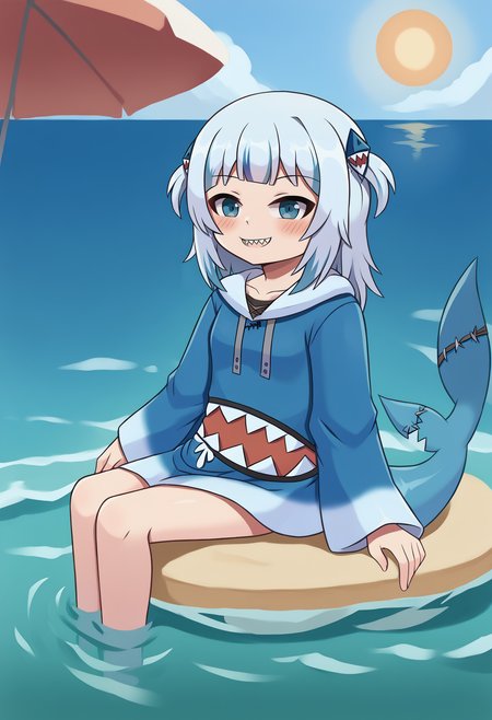 score_9, uncensored, source_anime
BREAK
1girl, solo, gawr gura, blue hoodie, two side up, shark hair ornament, shark tail, sharp teeth, smile, tall, partially submerged, ocean, sun, beach, outdoors, day, sitting
<lora:gawr_gura_sdxl_pony:1> <lora:duhota_v4-1_adafactor:1>