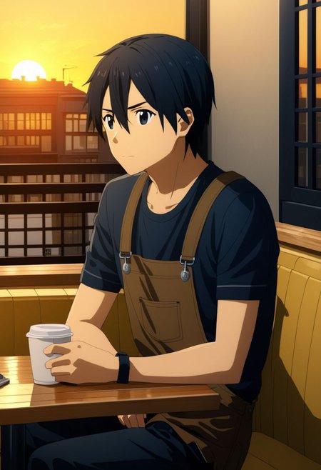 high resolution, professional photography, best quality, 1Boy, Kirigaya Kazuto, Black Hair, Black Eyes, overalldetail, cafe, corner, sit, soffa, casual outfit, coffee, waiting, warm building, sunset
