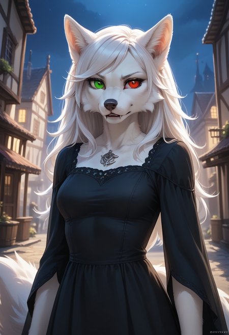 score_9, score_8_up, score_7_up, realistic style, symphtia-style, textured fur, (1girl, (wolf girl, vampire, furry female wolf, furry female), (white hair, sideswept bangs, white fur)), ((heterochromia, right red eye, left green eye)), (black dress), serious, (town, night), fine details, clothing textures, depth of field, dim lighting, high quality, thick outlines,