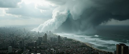  A highly detailed and dramatic rare photo shot of a ((Tsunami) ) with a zoomed out city background, ((Massive gigantic) ) tsunami, impending doom, city destruction, raining, clouds, 8k sharp focus, micro unreal engine 5 effects, photorealistic fantasy 