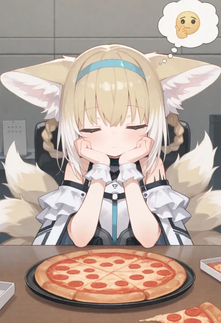 1girl, suzuran (arknights), pizza, ..., thinking, thinking emoji, hands on own chin, 
(zankuro:0.2), wagashi \(dagashiya\), chen bin, very awa, very aesthetic, masterpiece, best quality, amazing quality, absurdres  <lora:ponyv6_noobV1_2_adamW:0.5> <lora:n_XLNBVP1lokrV6311P:0.2> <lora:748cmXLNBVP1lokrV6311PZ:0.2> <lora:ricotte2:0.2>