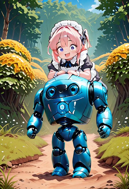 masterpiece, best quality, amazing quality,    CivBot focus, (side-by-side:1.3),    (CivChan, pink hair, purple eyes, maid uniform,  , 1girl,smile,open mouth,shirt,black hair,1boy,white shirt,ponytail,flower,short sleeves,outdoors,lying,teeth,day,blurry,looking at another,blurry background,glowing,grass,aged down,on stomach,robot,white flower:0.7),  <lora:CivChanIllustrious:0.6>,  <lora:CivBotIXL_v1:1.3>,