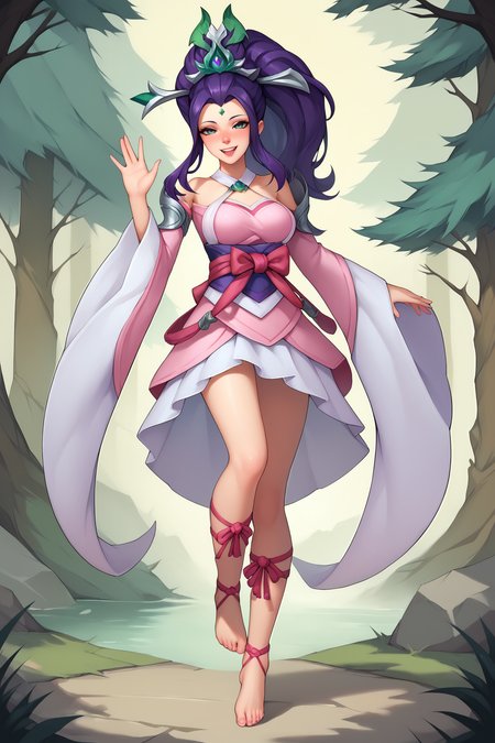 score_9, score_8_up, score_7_up, score_6_up, BREAK, JannaSSPXL, green eyes, purple hair, long hair, hair ornament, green forehead jewel, medium breasts, bare shoulders, pink dress, detached sleeves, long sleeves, purple sash, pink ribbon, white skirt, leg ribbon, barefoot, solo, full body, standing, waving, seductive smile, looking at viewer, naughty face, nose blush, forest, tree   <lora:JannaSSPXL:0.8>