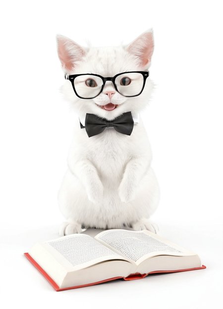 cat reading a book, glasses, bow tie, 3d, render,white, plain background, big smile,
 <lora:3DPrintingXL:0.8> WhiteMold <lora:Highkey-SDXL:0.8> highkey