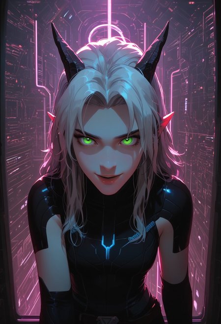 ((score_9_up, score_8_up, score_7_up:1.3)), rating_safe, face closeup, 1girl, rayla, long hair, white hair, horns, pointy ears, green eyes, (very attractive face), wide hips, image from above, (expressive eyes), (cobalt blue, white and magenta plugsuit:1.1), futuristic style, inside spaceship cabin, circular window, seated on window seat (futuristic computer monitors, gauges, lights:1.1), detailed background, amazing background, neon, glow, glowing, (bioluminescence:1.1), high contrast, dynamic angle, dynamic pose, laughing expression, very aesthetic, diffused lighting, every detail illuminated, ultra-detailed, masterpiece artwork, flawless anatomy, easynegative, eye catching,  Expressiveh, g0thicPXL, glowing, neon, TDPStyle,