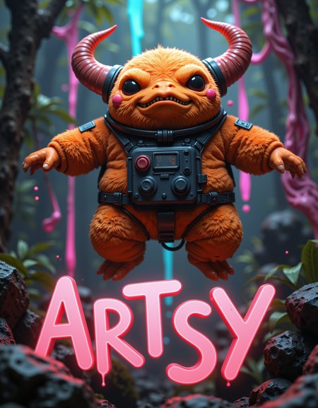 A beautifully monochromatic processed 3D render, minimal character of a cute scary horror, atmospheric, orange flibberblubberler astronaut, detailed shading and flat textures. fat little guy. iridescent materials and textured surfaces. and horns and a shy expression. cute expression, chunky and fuzzy with little legs and flabby arms. peculiar pose.  jungle background with prismatic iridescent texture and glowing lighting. abstract rainbow design in the background. full dramatic abstract liquid background. The character is leaping into the air as a celebration. Large Bold grayscale Rainbow Text in the middle of the image, in the foreground, says "ARTSY". Unusual uneven and wobbly typeface. Fun font. The floating text is in the middle of the image, in the foreground.