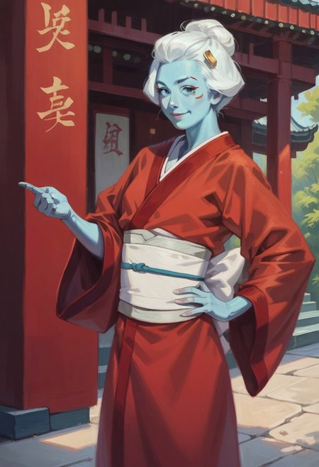 score_9_up, score_8_up, score_7_up, score_6_up, 1girl, solo, Babi-0nna, colored skin, blue skin, blue eyes, white hair, short hair, single hair bun, hair ornament, red kimono, long sleeves, wide sleeves, white obi, one hand on hip, sly smile, standing, (japanese temple), (realistic, painted art)