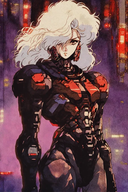 masterpiece, best quality, absurdres, retro artstyle,  knva, bloom, high contrast, detailed texture, retro illustration, vibrant metallic colors, Matte_Painting,,1girl, white hair, solo, cyberpunk, looking at viewer, armor, science fiction, medium hair, hair over one eye, power armor,