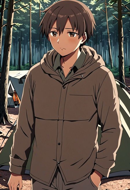 high resolution, solo, best quality, 1Boy, Takaki Toono, Brownish Hair, Brown Eyes, forest, camping, OverallDetail