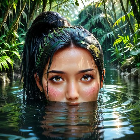 masterpiece, best quality, absurdres, vibrant, highly detailed, very aesthetic, solo focus, eye focus, close-up, SeijSDXL, high ponytail, black hair, Peeking From the Water, Hidden in water, peeking out, wet hair, hair clinging to face, staring at viewer, jungle background