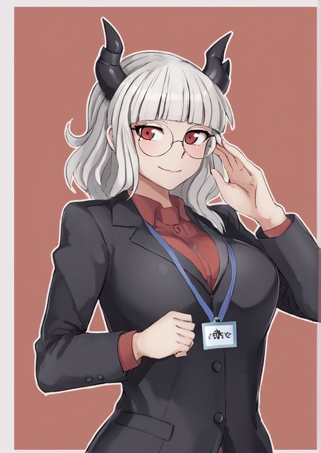1girl, pandemonica (helltaker), huge breast, black horns, black jacket, collared shirt, demon horns, glasses, horns, jacket, lanyard, outline, red eyes, red shirt, round eyewear, shirt, solo, upper body, white hair, white outline,  handfixer <lora:HandFixer_pdxl_Incrs_v1:1> <lora:å¤é²JeaiKe:1>