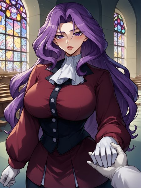 score_9, score_8_up, score_7_up, score_6_up, score_5_up, source_anime, rating_safe:2. (cornelia li britannia, cgcor),
(Body:(big breasts, wide hips:1.6, purple eyes, five fingered hands, thick full lips) ),
(Hair:(purple hair) ),
(Clothing:(pla, shirt, buttoned up jacket, skirt, white gloves,) ),
(Behavior:(standing, blush, arm out, holding viewer's hand:1.5, holding hands:1.2) ),
(Viewer: out of frame, wearing suit, pov hands, holding hands:1.2),
(Environment: (indoors, church, altar) ),
(Composition: (front view:2, man's pov) ),
(Style: (anime, 8k, zPDXL3, zPDXLpg, expressiveh) ), <lora:Expressive_H:0.65>, <lora:HoldingHandsPOV_XLPD:0.75>,<lora:Cornelia_li_Britannia_Pony:0.87>  <lora:pla:1>