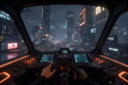 <lora:first_person_pov_v1:1> first person pov
First person view of a space ship, screens, monitors, wheels, buttons,  
Flying through a cyberpunk city, skyscrapers, LED, billsboards, night time, cyberpunk, 
 <lora:CinematicStyleFlux_v1:0.5>