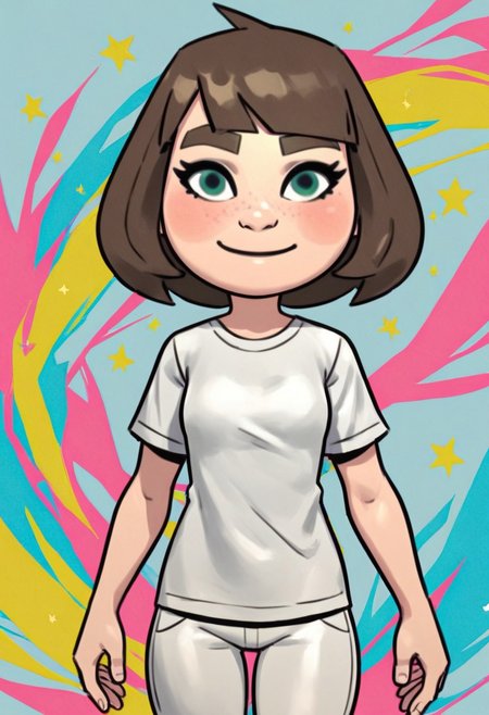 score_9, score_8_up, score_7_up, rating_safe, 
rainbow style, vibrant colors, vivid colors,
small nose, blush, white pants, smile, white skin, green-ish brown hair, sneakers, green eyes, female mii, fringe, mii, cute, brown eyebrows, long hair, small breasts, wii u, 1girl, white clothing, Millie_(\Wii_Sports_Club\)