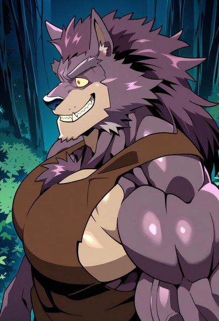 unparalleled masterpiece, amazing quality, BREAK masterpiece, best quality, high res, HD, 8K, intricate details, Extremely detailed, detailed eyes, solo, male focus, beautiful, very aesthetic, hyper-detailed, dynamic lighting, great lighting, digital media, beautiful vibrant colors, furry male, furry, 1boy, solo, <lora:GrimmTFL:0.7>, grimm, wolf boy, purple fur, long hair, yellow sclera, orange eyes, wolf tail, muscular male, bara, large pectorals, nature, brown tank top, brown pants, upper body, face focus, portrait, smile, dynamic angle