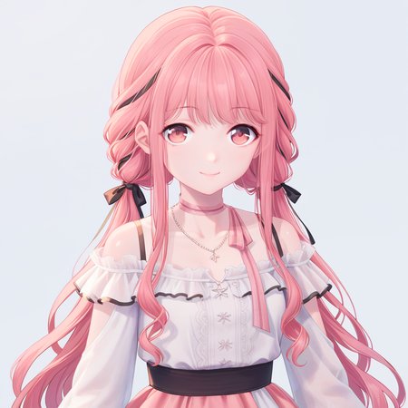 score_9, score_8_up, score_7_up, simple background, looking at viewer, light smile,
1girl, nikki def, pink hair, low twintails, dress, necklace, 
<lora:nikki_def_pony_v1:0.8>