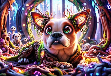 Lovely 3d dogscybernetic style Ultimate fusion of technology and allure, Cosmic Cyber Warrior. Embodying the creative genius of Jovana Rikalo, Brandon Woelfel, and Ross Tran, spectacular cosmic landscapes fraught with otherworldly conflict. Shimmering cables course beneath her translucent epidermis, connecting to powerful vertebrae that support a resplendent skull adorned with cascading neon undercut locks. Mysterious constellations twinkle ominously overhead, casting eerie shadows on the ground below. This masterpiece encapsulates the quintessential essence of science fiction, presenting a highly detailed exploration of extraterrestrial themes guaranteed to captivate audiences worldwide. . futuristic, technological, cybernetic enhancements, robotics, artificial intelligence themes,  8k picsmade of ral-mythfrst <lora:ral-mytfrst:1>