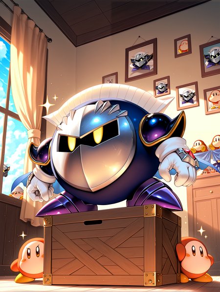 masterpiece, best quality, absurdres, amazing quality <lora:cfg_scale_boost:0.3> <lora:StS-Illustrious-Detail-Slider-v1.0:3> <lora:StS_Age_Slider_Illustrious_v1:3>,detailed_background,indoors,indoors,nintendo,curtains,kirby \(series\),yellow eyes,highres,cape,mask,blue sky,sparkle,meta knight,box,brown eyes,cloud,multiple others,standing on box,waddle dee,window,blue cape,ewaddledee,sky,no mouth,v-shaped eyes,2others