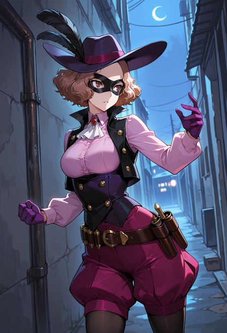 (masterwork, masterpiece, best quality, hyper-detailed),
1 girl, solo, 
p5haru, brown hair, short hair, wavy hair,
p5haru-noir, hat, hat feather, domino mask, ascot, pink shirt, long sleeves, vest, underbust, magenta shorts, puffy shorts, legwear under shorts, black pantyhose, purple gloves, belt, bandolier,
outdoors, alley, nighttime, crescent moon, starlight, standing, dramatic pose, fighting, cowboy shot,