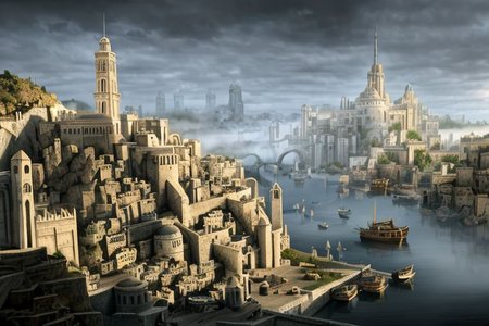 (masterpiece:1.2), (best quality,:1.2), 8k, HDR, ultra detailed, ((photorealistic)), professional light, cinematic lighting, fashion photography, ambient lighting, atmospheric effects, Numenor, a medieval fantasy harbour, some big ships, big statues, towers, walls, fog and rain, at night, <lora:Numenor-10:1>, in the style of Middle Earth, Tolkien, Minas Tirith, epiCPhoto