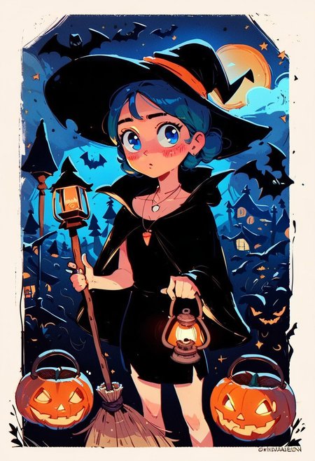 (score_9, score_8_up, score_7_up, score_9, score_8_up, score_7_up, 1girl, cute, big blue eyes, necklace, pretty, blushing, witch costume. witch hat, witch 
cloak, witch broom, lantern, torch, halloween, halloween pumpkin, night, volumatic lighting, soft lighting, sfw,