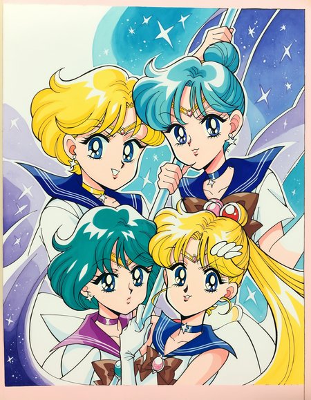 Naoko Takeuchi Style, long hair, looking at viewer, short hair, blue eyes, multiple girls, black hair, gloves, bow, holding, jewelry, purple eyes, weapon, purple hair, white hair, earrings, green hair, choker, elbow gloves, sword, white gloves, sailor collar, hair bun, star , (symbol), holding weapon, 4girls, aqua hair, magical girl, single hair bun, tiara, polearm, blue sailor collar, staff, brooch, yellow bow, half updo, spear, circlet, holding staff, very short hair, holding polearm, sailor senshi uniform, blue choker, brown bow, star choker, purple sailor collar, sailor senshi, star brooch, MangaDetailPnyXL, <lora:NaokoTakeuchyPonyXL:0.8>