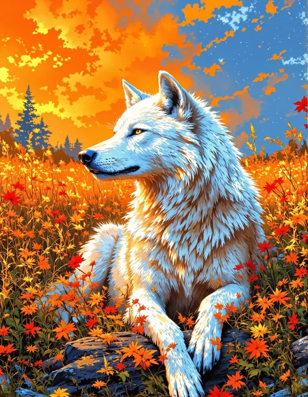 a white wolf sitting in tall grass. The wolf has its head tilted back and its eyes are closed. The background is a mix of orange and blue colors. There are red and orange colors in the grass in the foreground. The image is painted in a loose, textured style with visible brushstrokes, <lora:FantasyWizardWitchesFluxV2-000001:0.8>, <lora:Vibrantly_sharp_style_v.2:0.7>, <lora:FluxProUltraFantasia:0.6>, <lora:RetroAnimeFluxV1:0.3>, <lora:FluxMythR3alisticF:0.5>, <lora:Cozy_Paradise:0.9>