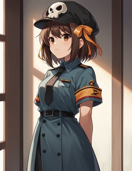 score_9, score_8_up, score_7_up, source_anime, <lora:haruhi-suzumiya-s1-ponyxl-lora-nochekaiser:1>, haruhi suzumiya, short hair, brown hair, brown eyes, hairband, medium hair, ribbon, hair ribbon,, <lora:warden-ponyxl-lora-nochekaiser_r1:1>, skull hat ornament, uniform, military uniform, black uniform, hat, cap, black cap, armband, collared shirt, black necktie,, indoors, hands behind back,, cowboy shot,