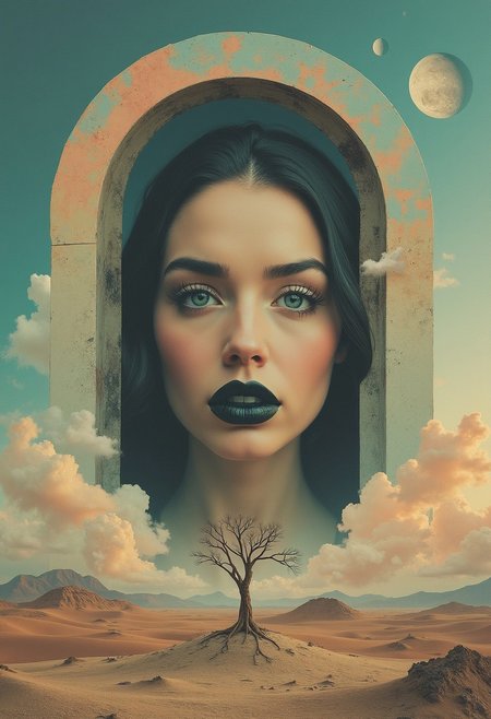 A surreal collage of a portrait of a woman, mirror reflection cube in the sky, facing viewer, minimalism, sharp angles, tits, face shot, (((facing viewer))), looking out from a surreal vintage landscape with planets in the background, light colorful clouds, sunset, with a circular portal revealing a tree of life, revealing a dry wet forsaken desert sea, a planet in the sky, standing, whole body, beautiful face, The woman's face is half-shadowed by sea spray, with black lips and a dreamy expression. The scene is a mix of realistic and dreamlike elements, with a sense of mystery