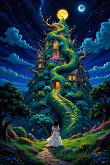 a druid city beautiful  landscape, bright luminous night, woman, very intricate, very detailed, sharp, bright, colorful, <lora:Hand v2:0.5> <lora:Anti-Blur:1><lora:Insane Detail Slider:0.25>  <lora:flux.1_lora_flyway_Epic-detail_v2:0.3> <lora:fluxenhancer:0.25> <lora:Anime_style:0.6> anime style