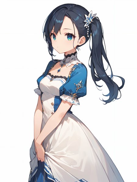 score_9, score_8_up, score_7_up,source_anime, high res image,masterpiece,best quality,(girl:1.0),cute face,clear skin,shiny hair,ultra detailed eyes,simple background, dress,<lora:side ponytail_pony_V1.0:0.5> side ponytail, long hair,dress