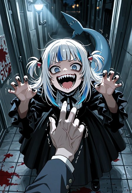 Masterpiece, best quality, amazing quality, very aesthetic, high resolution, dynamic pose, high detail, Smooth, detailed, masterpiece, masterwork, score_9, score_8_up, score_7_up
BREAK
POV of a person trembling hand spread out making stop gesture toward a girl, Gawr gura(vtuber),shark tail,victorian ghost brise costume ,making a 'boo' face,hands raised like claws, exaggerated scary face, darkened face,blood dropping from teeth,blood stain on cotume,sharp nails
BREAK
In the school hall at Halloween event,Halloween bumdkin, creepy atmosphere,gray light,night,creepy light,warm light, slightly shaking